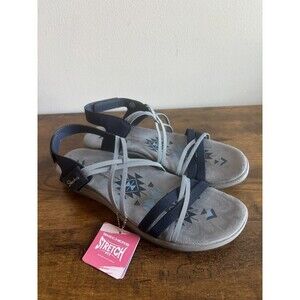 Skechers Womens Reggae Slim Takes Two Navy/Gray Slip on Stretch Sandals Size 10